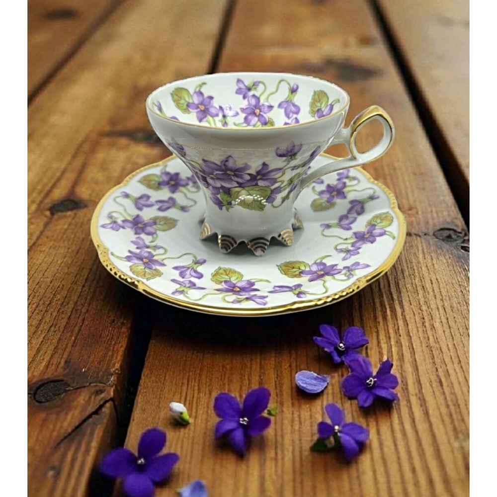 Vintage Mitterteich Bavaria Purple Violets Footed Teacup and Saucer